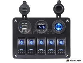 Панель из 5 переключателей с разъёмами 12V (прикуриватель), 2 USB (2.1A + 1A), вольтметр 12-24В